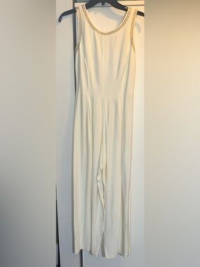 Joseph Ribkoff Vintage Cream Wide Leg Jumpsuit with Gold Trim extra small